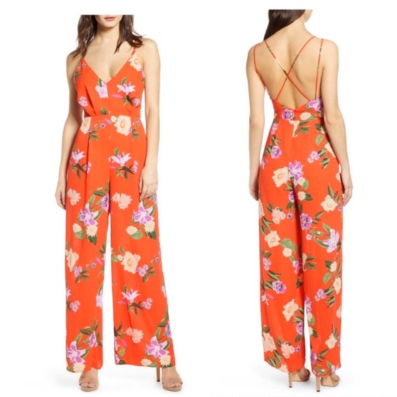 Astr Pants - ASTR Criss Cross Strappy Back Floral Jumpsuit